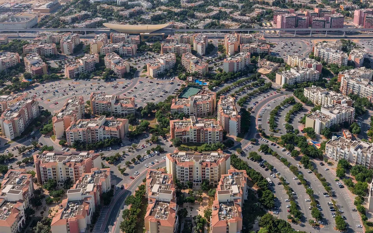 Aerial view of completed Discovery Gardens residential clusters and local streets