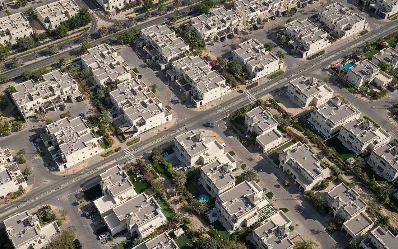 Completed Al Furjan villas and residential streets seen from above