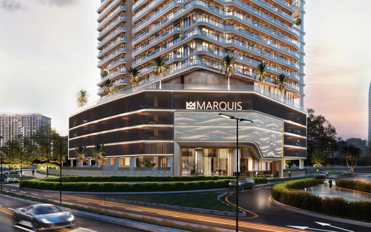 Marquis One podium and residential facade, architectural render from Marquis Developers