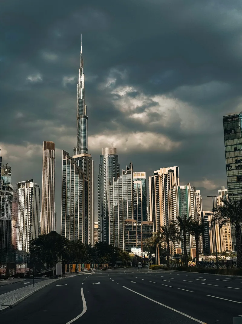 Business Bay street toward Burj Khalifa
