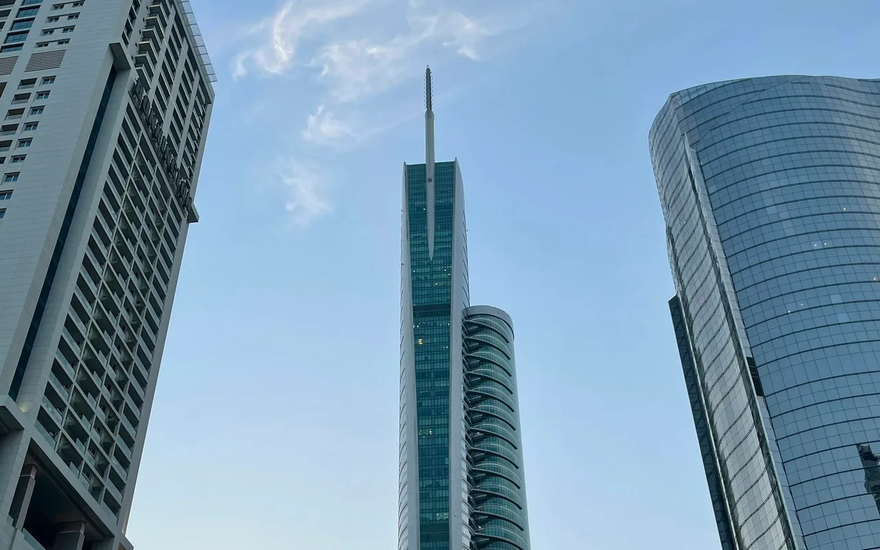 Almas Tower and completed neighbouring towers in Jumeirah Lake Towers, Dubai.
