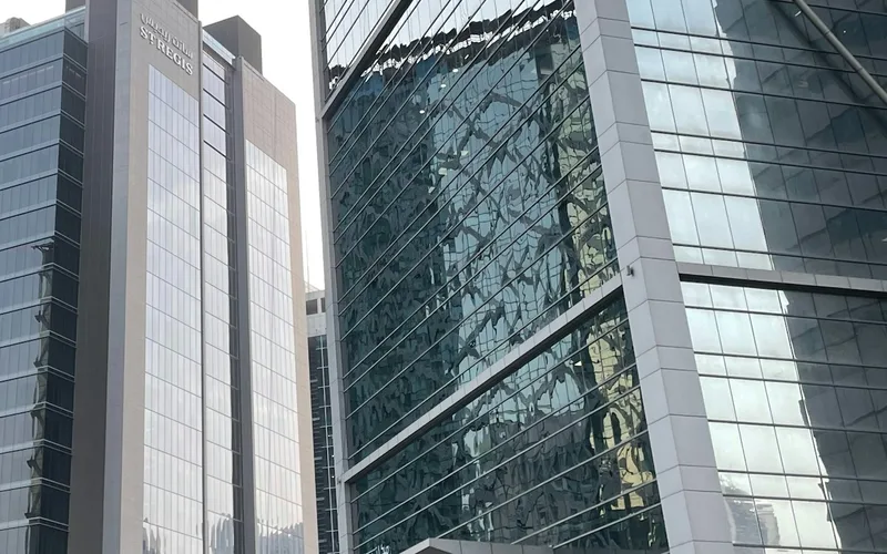 Completed hotel and office façades on Al Ohood Street in Business Bay