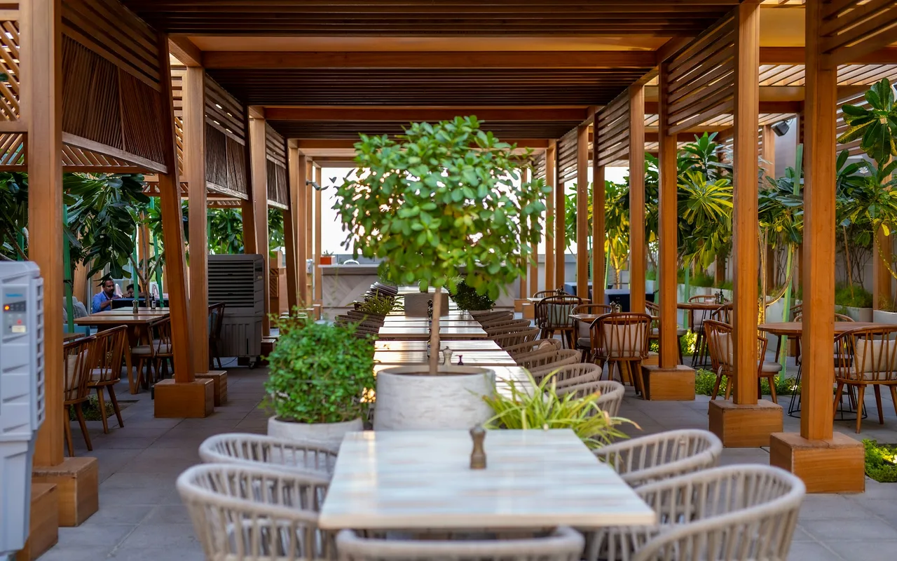 Dining terrace at The First Collection in Jumeirah Village Circle