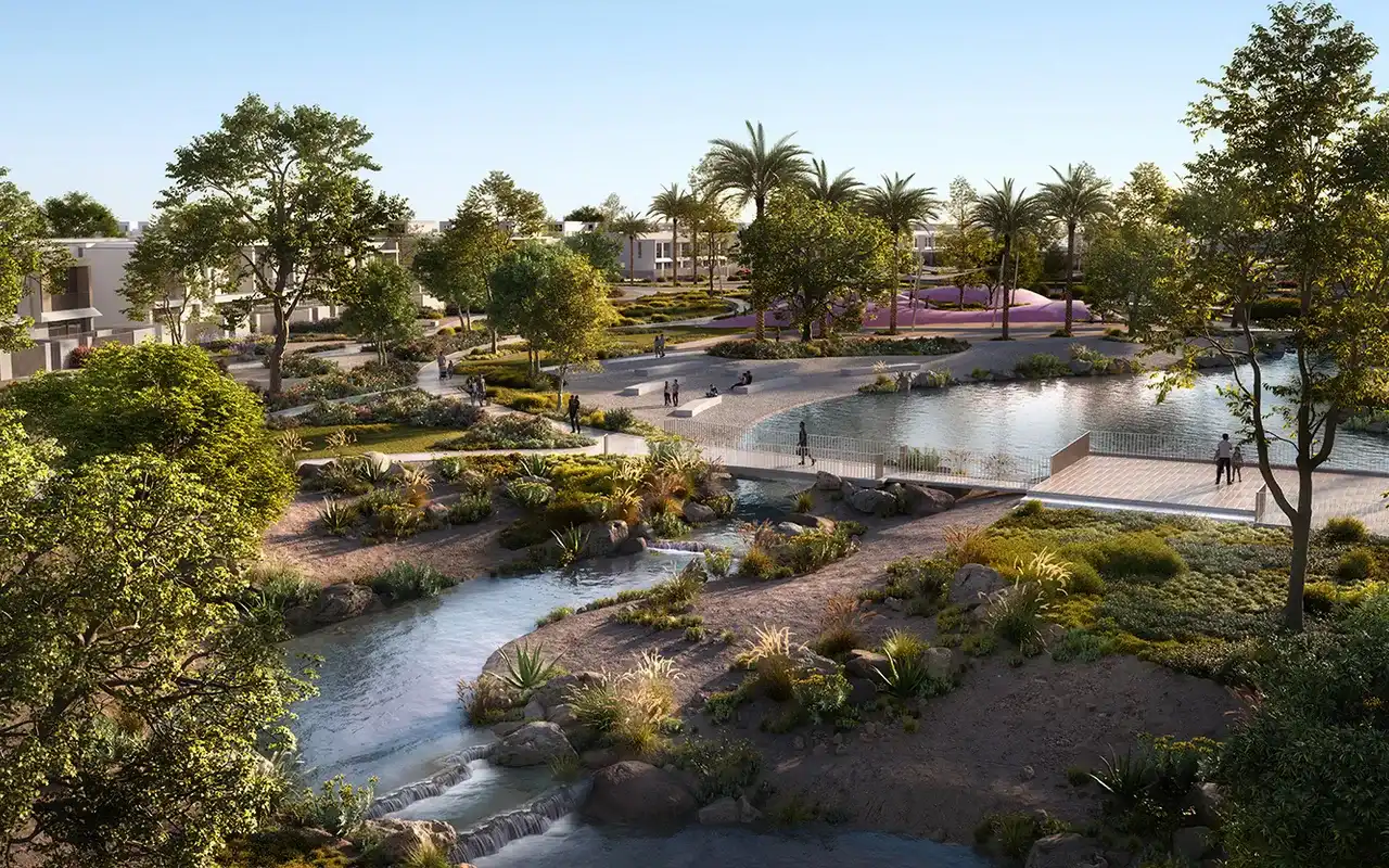 Vindera at The Valley landscaped park and water features, developer render from Emaar