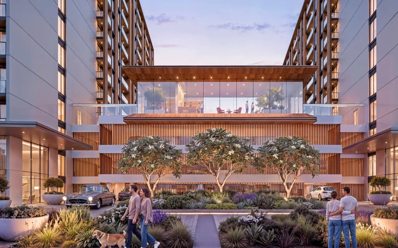 The Woods at Sobha Sanctuary, residential entrance and landscaped courtyard, developer render from Sobha Realty